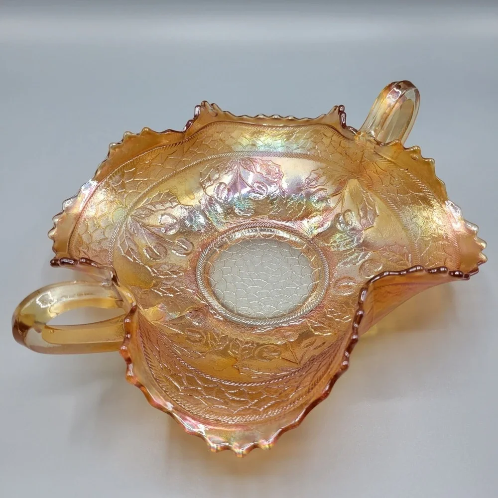 Vintage Fenton Marigold Carnival Iridescent Glass Handled Candy Dish Cherries